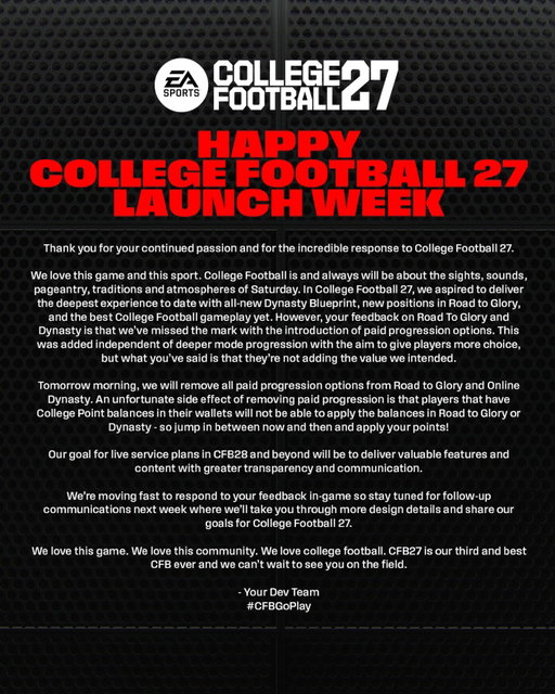 An update from the College Football 27 team. #CFBGoPlay