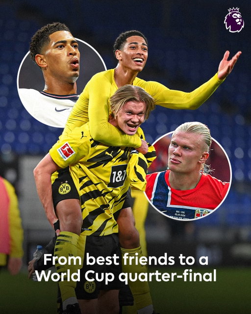 Erling Haaland and Jude Bellingham will face each other for the first time at international level when Norway play England for a place in the World Cup semi-finals. 🇳🇴🆚🏴󠁧󠁢󠁥󠁮󠁧󠁿

The English-born pair struck up a friendship during a two-year spell where they honed their craft at Borussia Dortmund in Germany.

Two of the most highly-rated young players in the world at that time, they won the 2021 German Cup together, and their bond was often captured through their light-hearted approach to club media duties.

In their first battle, following Haaland’s departure to Man City in 2022, they both scored in a thrilling Champions League group match which City won 2-1 at Etihad Stadium.

Since Bellingham joined Real Madrid, they have played against each other a further four times, with Haaland only getting the better of his friend on one of those occasions.

As their brotherly rivalry transcends to the World Cup stage, there will be no love lost again between two players at the top of their game.