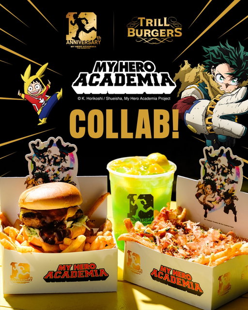 🚨 ANNOUNCEMENT🚨

Plus Ultra meets Trill. 💥🍔 My Hero Academia & Trill Burgers  collab is here to celebrate the anime’s 10th Anniversary in the most delicious way possible.
 
A hero-worthy burger. Loaded okonomi fries. A glowing green lemonade unlike anything we’ve ever served.
 
Landing today at every Trill Burgers location.
 
it’s time to eat.