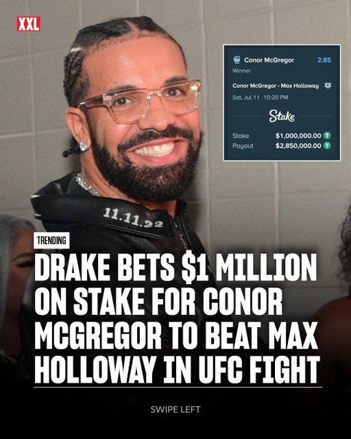 Drake bets $1 million on Stake for Conor McGregor to beat Max Holloway in the UFC fight tonight.💰

You think Mac is taking the win? 🤔

Presented by @stake