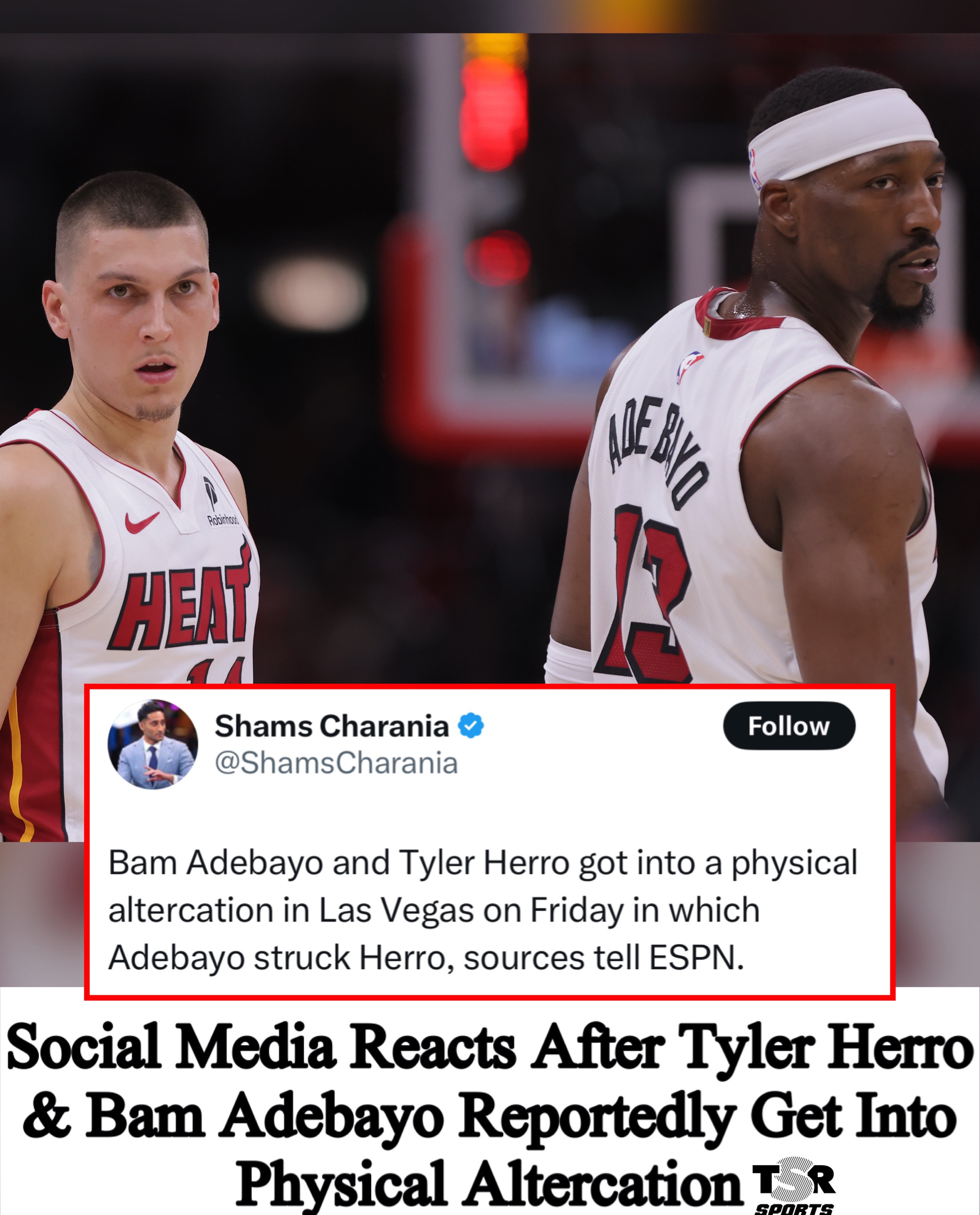 TSR Staff Lawrencia! @lawrencia.cg
_____________________________________
#TSRSports: #TSRReationz — Social media is reacting after reports surfaced that former Miami Heat teammates #BamAdebayo and #TylerHerro were involved in a physical altercation in Las Vegas.
_____________________________________
According to ESPN’s Shams Charania, the incident happened Friday morning at a practice court inside a Las Vegas hotel. Sources say Adebayo confronted Herro over social media comments the guard allegedly made criticizing his defense after Herro was traded from the Miami Heat to the Milwaukee Bucks. The confrontation reportedly escalated, with Adebayo striking Herro in the head.
_____________________________________
Just hours later, Herro appeared on the Prime broadcast during the Heat and Bucks’ Summer League game, where he spoke positively about his former team. “It’s all love in Miami,” Herro said. “Just an opportunity for both sides to reset, get a fresh start, and both are super happy with this.”
_____________________________________
After the game, Herro left without commenting on the reported altercation. The Miami Heat said they were “aware” of the situation but declined to comment, while the Bucks also did not issue a statement. (📸: @gettyimages) ✍🏾: #TSRStaffLG