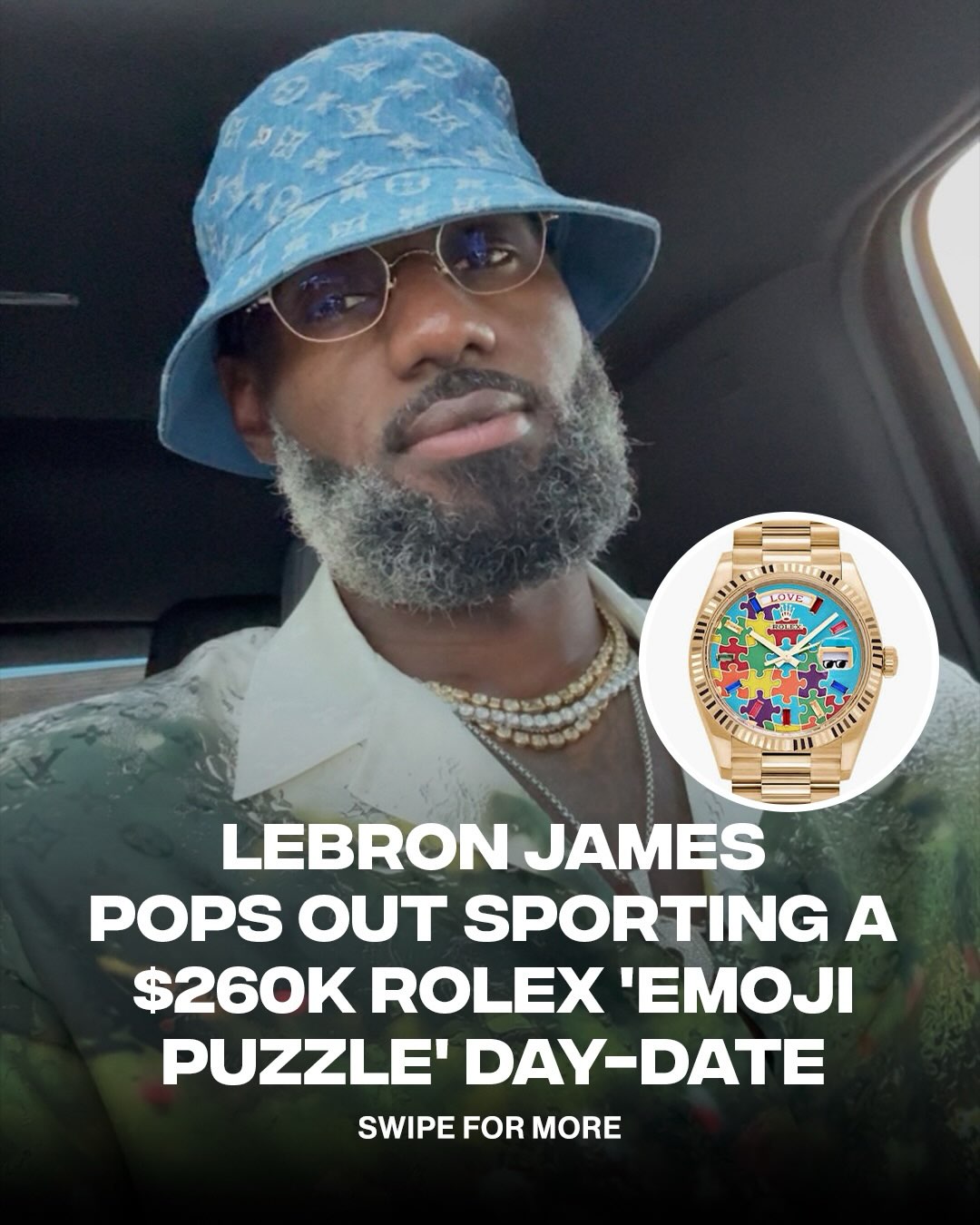 The king stepped out last night putting it on 🔥

LeBron James pulled up to Night 1 of Jay-Z’s anniversary concerts wearing a Rolex ‘Emoji Puzzle’ Day-Date watch. Crafted from yellow gold, it features a few multi-colored baguette diamonds as hour markers 😮‍💨

📸: @djkhaled / @kingjames