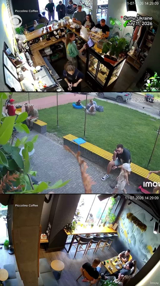 Surveillance video from a coffee shop showed the moment customers, including children, ducked for cover from apparent missile strikes Friday afternoon in Sumy, Ukraine.