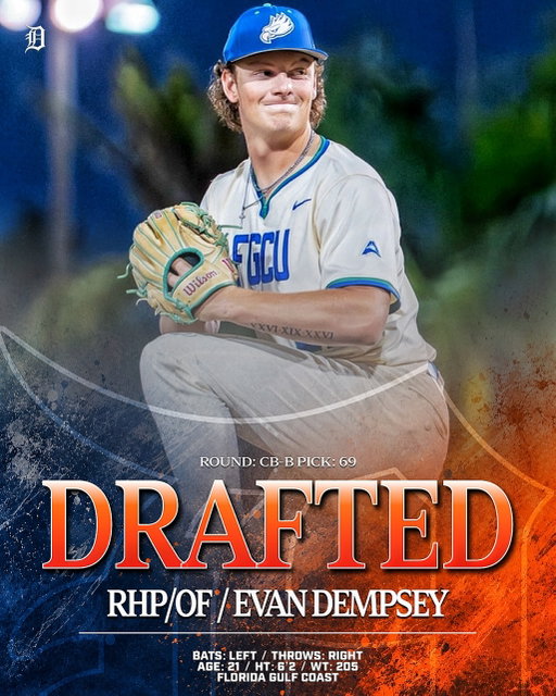 With the 69th pick of the 2026 MLB Draft the Detroit Tigers have selected Evan Dempsey

Dempsey is a RHP/OF from the university of Florida Gulf Coast.

Welcome to Detroit, @evan_dempsey_ 

#DNMW
