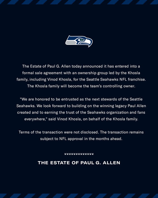 Estate of Paul G. Allen Reaches Agreement to Sell Seattle Seahawks