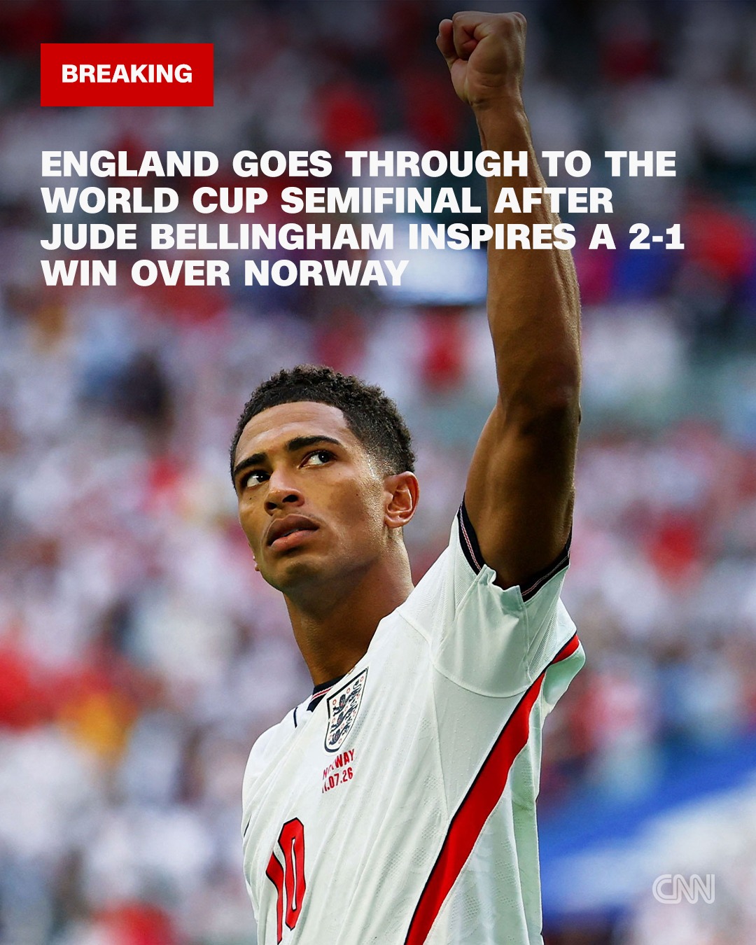 England to the World Cup semifinal! Jude Bellingham's two goals are enough to see England through to the World Cup semifinal. They defeat Norway 2-1 in extra time after a thrilling contest in truly brutal conditions in South Florida.

See more from the game at the link in @cnn's bio. 

📸: REUTERS/Mike Segar; AP Photo/Marta Lavandier; REUTERS/Mike Segar; The Yomiuri Shimbun via AP Images; IMAGN IMAGES via Reuters/Nathan Ray Seebeck; REUTERS/Paul Childs; Martin Rickett/PA Images via Getty Images; AP Photo/Lynne Sladky; REUTERS/Marco Bello