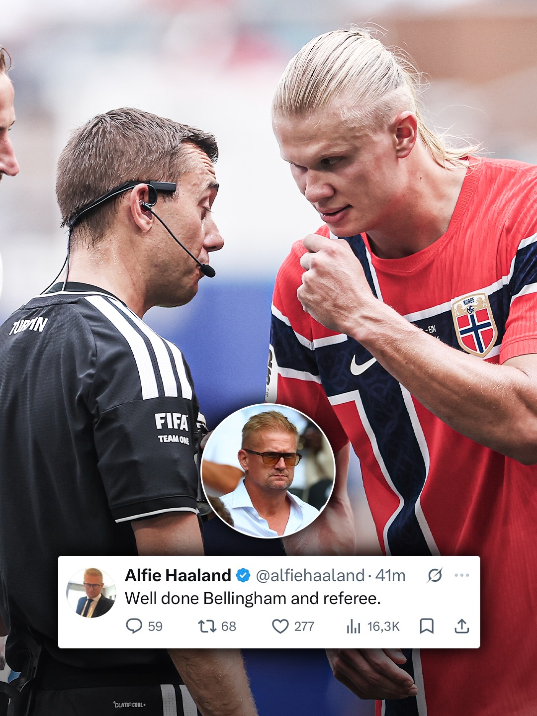 😡⚠️ Erling Haaland’s father Alfie was congratulating Jude… but 𝐍𝐎𝐓 happy with the referee today 🙅🏼‍♂️🚷

The reply to my own post on X literally says it all. 😶‍🌫️🇳🇴
