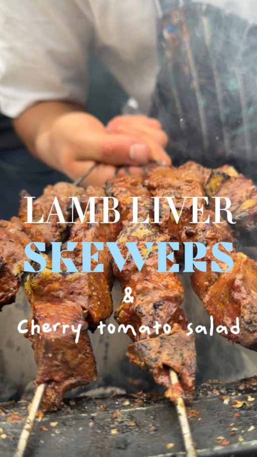 Turkish inspired lamb liver skewers with @kaianslife @elijah.m4k 

Marinade Recipe: 
1 Tablespoon yogurt
1 teaspoon harissa paste @lamiriharissa 
Nice pinch of oregano & Pul Biber 
Also very nice pinch of salt 
Very very nice drizzle of @wearegoodphats olive oil 
And juice of 1 lemon (use the zest for the salad)

Cherry tomato salad:
Handful of cherries 
Your favourite tomatoes 
Parsley & mint 
Spring red onion 

I just dressed with with more olive oil, lemon juice + zest, more harissa but you can get creative and put whatever you like 🫶🏽

Coal is very important @globaltic_uk for really good charcoal 

Also knife is from @handf4b 

#lambliver #skewers #mangal #kebab #cookingonfire