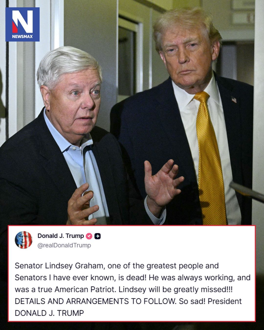 TRUMP OFFERS CONDOLENCES: President Donald Trump offered condolences Sunday following the death of U.S. Sen. Lindsey Graham, calling the South Carolina Republican “one of the greatest people and Senators I have ever known.” ⁣
⁣
For more info on this story, please visit the link in our bio or Newsmax.com.