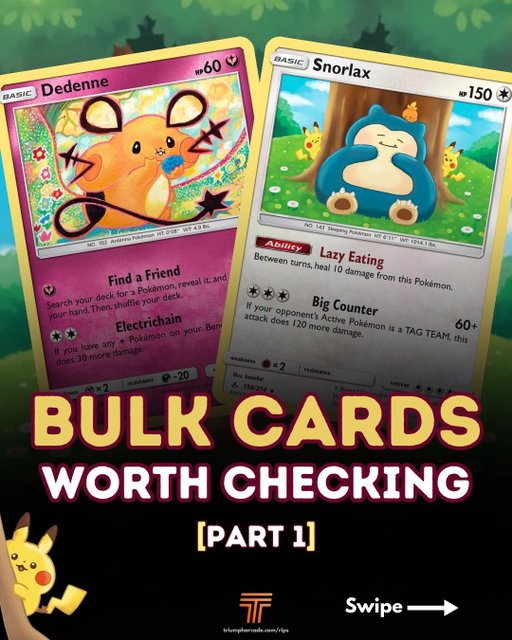 Bulk Cards Worth Checking! PART 1 🗃️

These cards might be hiding in your bulk boxes, and they’re definitely worth pulling out if you spot them✨

🍽️ Snorlax Holo Rare
⚡ Dedenne Reverse Holofoil
🍬 Cleffa Reverse Holofoil
🐟 Magikarp Reverse Holofoil
🦆 Psyduck Reverse Holofoil

Have you found any valuable cards hiding in your bulk recently? 👀

Prices referenced on July 12th, 2026 using @getcollectr and may be subject to change.

#pokemontradingcards #pokemontcg #pokemoncommunity #bulk