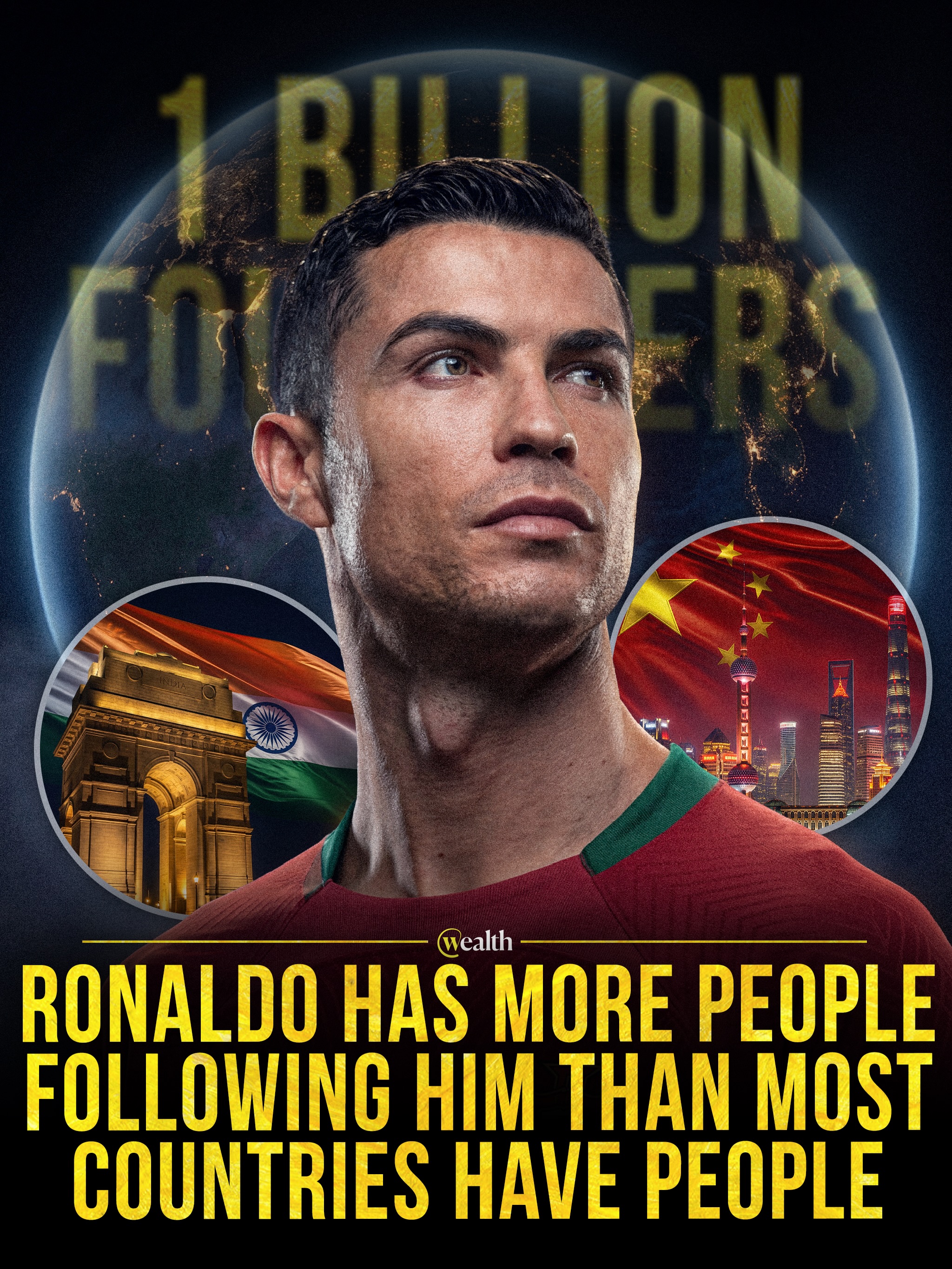 Cristiano Ronaldo’s following now exceeds most national populations. 🌍⚽️

Ronaldo became the first person to pass 1 billion followers across social media in September 2024. HypeAuditor put his Instagram account at roughly 674 million followers on July 8, 2026, keeping him the most-followed person on the platform.

Worldometer’s 2026 population estimates place only India and China above that cross-platform total. The United States, Indonesia, and Pakistan all have fewer people than Ronaldo has followers.

#CristianoRonaldo #Instagram #SocialMedia #Football #PopulationData