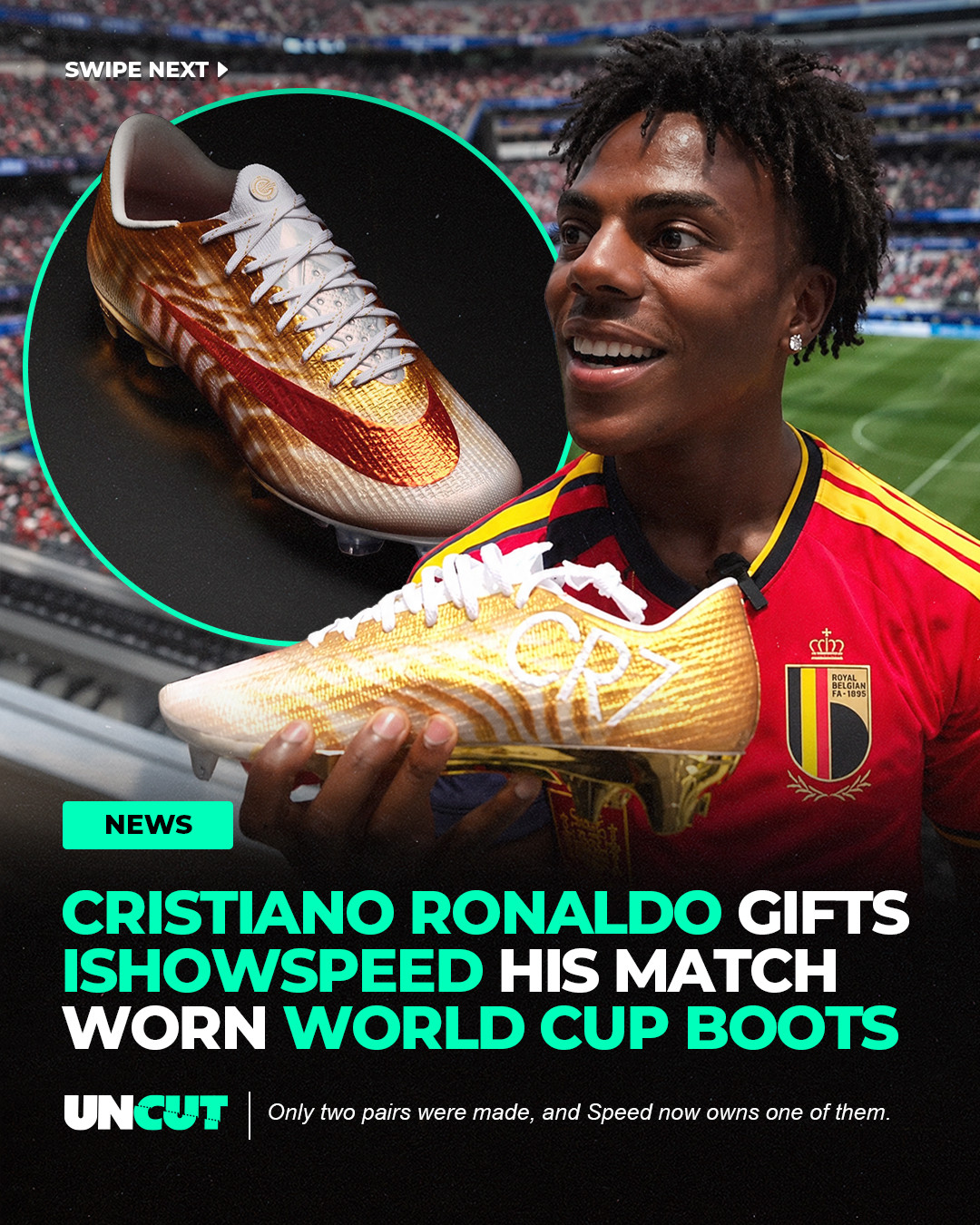 Cristiano Ronaldo has gifted IShowSpeed the golden boots he wore during his final World Cup campaign ⚽👟⁠
⁠
Only two pairs of the exclusive Nike Mercurial Superfly 11 "CR7 Gold Scorpion" boots were ever made, with one now belonging to Speed after the special gift from Ronaldo 🐐✨⁠
⁠
What do y'all think⁉️👀