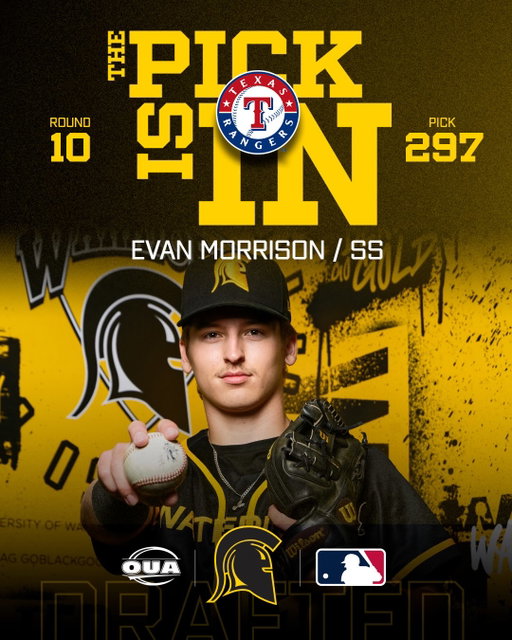On behalf of Warriors Baseball and Warriors Athletics and Rec, we’d like to congratulate former Team MVP, Evan Morrison on being selected by the Texas Rangers in the MLB draft! 

“Evan was an exceptional player during his tenure with the Warriors and has continued to develop into the kind of player that the Rangers will love having in their system! An all-around talent with the drive to make a difference at the Pro level, we can’t wait to follow his journey with the Rangers!” - Head Coach, Ben Norris

 #GoBlackGoGold #AlwaysAWarrior

📸: @dancondancon
