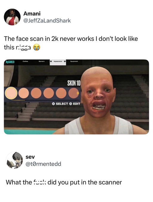 2k did bro so dirty 😭😭😭😭

Every year fans get excited to see the newest player models in NBA 2K, but there always seem to be a handful of face scans that completely miss the mark. Some players barely resemble themselves, with odd facial features, incorrect hairstyles, or expressions that make the character look nothing like the real person. It doesn’t take long before social media starts comparing the in-game model to the real player.

The funniest part is how quickly those bad scans turn into memes. Fans start posting side-by-side photos, joking that 2K scanned the wrong person or used an outdated picture from years ago. Even players themselves have reacted to inaccurate face scans in the past, making the conversation even bigger online.

With today’s technology, expectations are higher than ever, so when a face scan looks off, it stands out immediately. While plenty of player models look incredibly realistic, the ones that don’t end up getting the most attention. Until they’re patched, those bad face scans usually become some of the biggest talking points surrounding a new 2K release.

Follow US (@jukedly) to stay locked in if you love sports! 🔥