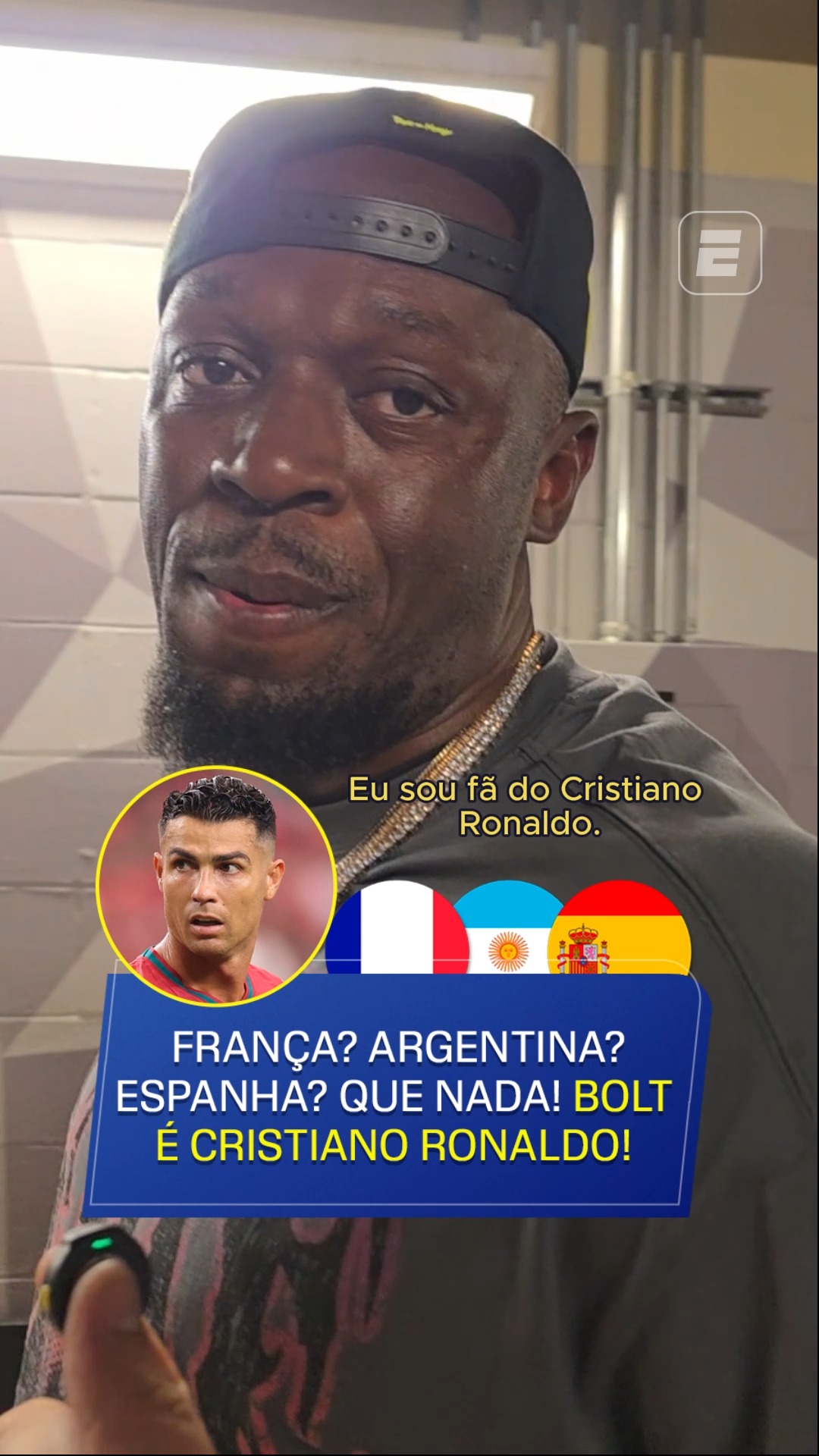 Usain Bolt marcou presença no jogo da WNBA entre Chicago Sky e Dallas Wings e falou com a ESPN sobre a Copa do Mundo. O jamaicano revelou que vai tentar assistir à semifinal entre França e Espanha e que é fã de Cristiano Ronaldo.

Assista à Copa do Mundo FIFA pela CazéTV no #DisneyPlus, sem custo adicional.

#ESPN2026 #FIFAWorldCup #usainbolt #cristianoronaldo