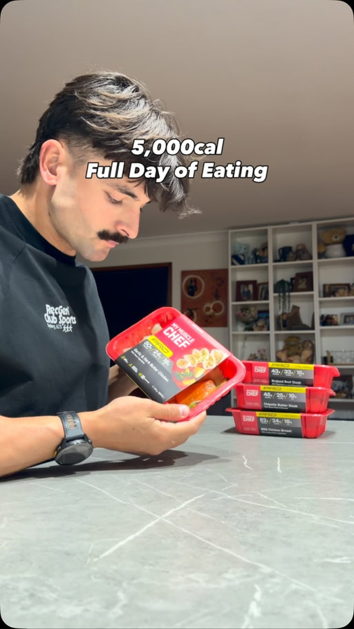 Full Day of Eating In Ironman Prep with @mymusclechef’s PRO range 

Pre Run – 120cals
Energy drink

Post Run – 1,430cals
Granola + Honey + Full Cream Milk

Lunch – 442cals
My Muscle Chef Lemon & Herb Chicken

Post Ride – 487cals
My Muscle Chef BBQ Chicken Breast

Ride Fuel – 1,850cals
Carb Mix (132g Carbs/hr × 3.5hrs)

Dinner – 472cals
My Muscle Chef Garlic & Herb Butter Chicken

Not Recorded - 110cals 
Cup of Orange Juice 

4,910cal Full Day Of Eating
Protein: 177g 
Carbs: 796g 
Fat: 107g