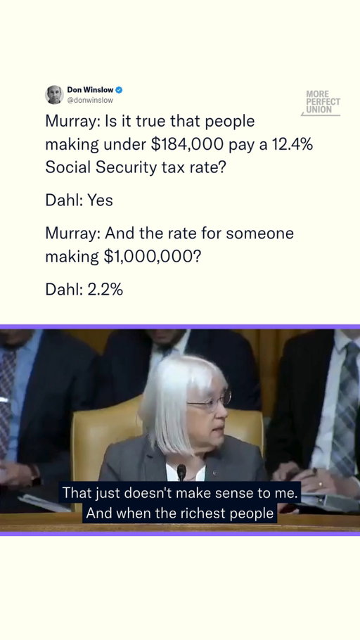 Patty Murray (D-WA) questions Dr. Molly Dahl, the Chief of Long-Term Analysis at the Congressional Budget Office on the effective Social Security tax rate facing Americans at different salary brackets.

Americans making $184,000 or less pay 12.4%, millionaires only pay 2.2%, while billionaires like Donald Trump or Elon Musk effectively pay 0.0002%