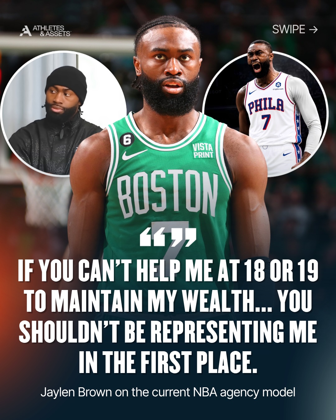“The agency model isn’t working… 60% of players within the first 10 years are losing the majority of their wealth, while making millions of dollars…”

Jaylen Brown speaks on athletes going broke because of NBA agents mishandling young players wealth 👀

(via @mworthofgame @fchwpo)

#athletesandassets #nba #sportsbiz #sportsinvesting #money