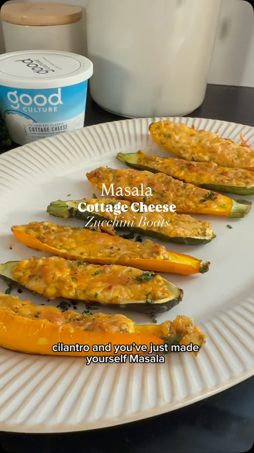 #GoodCulturePartner 🌿Masala Cottage Cheese Zucchini Boats🌿Zucchini season just got a serious upgrade, and this is how I’m eating it all summer long 👩🏽‍🍳🤌🏽

@good_culture cottage cheese is a permanent fixture in my fridge. It’s creamy, with the most perfect curd texture, clean ingredients, and with 14 grams of protein in just half a cup plus live and active cultures, it’s the easiest way to turn simple summer produce into protein-packed deliciousness.

Today we’re stuffing zucchini boats with a fragrant masala cottage cheese filling that is creamy, spiced, high in protein and SO flavorful. If you’re not a zucchini fan I promise this will change your mind.

RECIPE (makes 4-8 boats)

🌿4 small or 2 medium zucchini, halved lengthwise, flesh scooped out and reserved (use in your lentil soup or add it to smoothies for a micnonutrient and fiber boost)

🌿Drizzle with olive oil and roast at 400°F for 10 minutes

🌿Filling: ½ tub @Good_culture cottage cheese, 1 small shallot finely chopped, 1 tbsp finely chopped cilantro, salt, pepper, ½ tsp cumin, ½ tsp coriander, ¼ tsp turmeric, chili to taste. Mix well.

🌿Spoon filling generously into each boat, top with shredded cheese and bake at 400°F for 18 minutes. Finish under the broiler until golden and bubbling.

🌿Finish with fresh cilantro and dig in.

#cottagecheese #protein #zucchini #summerrecipes highprotein