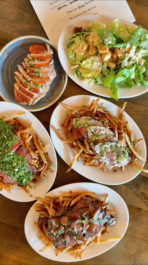 📍Steak Easy Restaurant (618 NW 65th St, Seattle, WA 98117)

What I ordered:
- House 4 oz sirloin cap steak frites w/ mushroom bordelaise, sichuan au poivre, and aji limo chimichurri 
- Housemade butter lettuce Caesar salad
- House duck frites