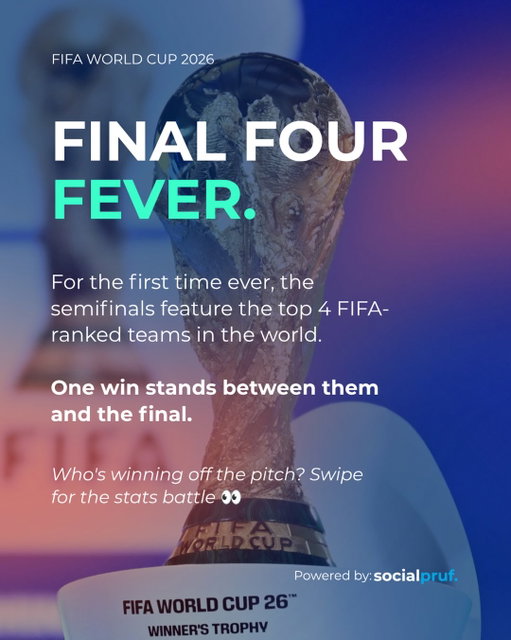 For the first time ever, the World Cup semifinals feature the top 4 FIFA-ranked teams in the world ⚽️🏆

🇫🇷 France vs 🇪🇸 Spain — Tuesday, 3pm ET (Dallas) 🏴󠁧󠁢󠁥󠁮󠁧󠁿 England vs 🇦🇷 Argentina — Wednesday, 3pm ET (Atlanta)

No. 1 vs. No. 3. And the Defending champs vs. a team chasing its first title since 1966.  One win away from the final, one loss away from done.

Who do you think is making it to the finals? Drop your pick below 👇

#fifaworldcup2026 #fifaworldcup #fifasemifinals #socialmedia #socialmediaanalytics
