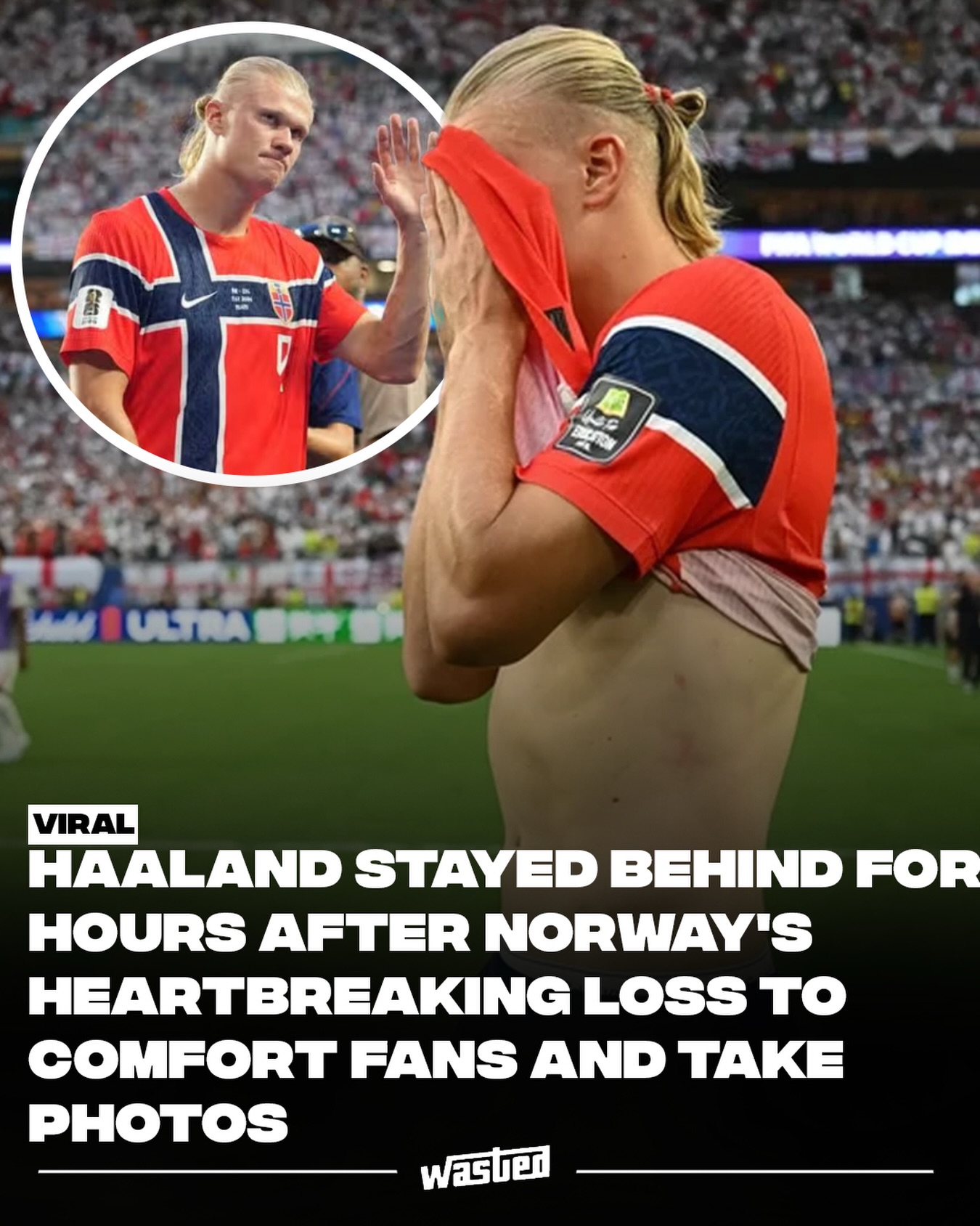 Erling Haaland was the last Norwegian player to leave Hard Rock Stadium on Saturday night, and it wasn't close. After Norway's 2-1 extra-time defeat to England in the World Cup quarterfinal, he stayed behind long after the final whistle, working his way along the stands to take photos with family and the fans who had waited for him. Video of the moment, shared by sportscaster Josh Moser, drew well over a million views, with supporters from every country filling the replies.

The match itself was brutal. Andreas Schjelderup put Norway ahead before Jude Bellingham struck twice, the winner arriving in the 93rd minute of extra time. Norway thought they had a second through Torbjørn Heggem, only for VAR to rule it out for a Haaland foul in the buildup. Battling a dead leg and 91-degree Miami heat, Haaland was subbed off at 105 minutes and failed to score for the first time in 15 competitive games for his country.

He finished the tournament with seven goals in five matches, knocked out Brazil almost single-handedly, drove Norway to their first-ever World Cup quarterfinal in their first appearance in 28 years, and became arguably the breakout personality of the entire tournament. What he kept returning to afterward had nothing to do with any of it. "The performances are one thing. Beating Brazil is one thing," he said. "But I think the way we have put Norway on the map is maybe the thing that touches me the most. Our generation is amazing."

Sources: AFP, Yahoo Sports, Manchester City.