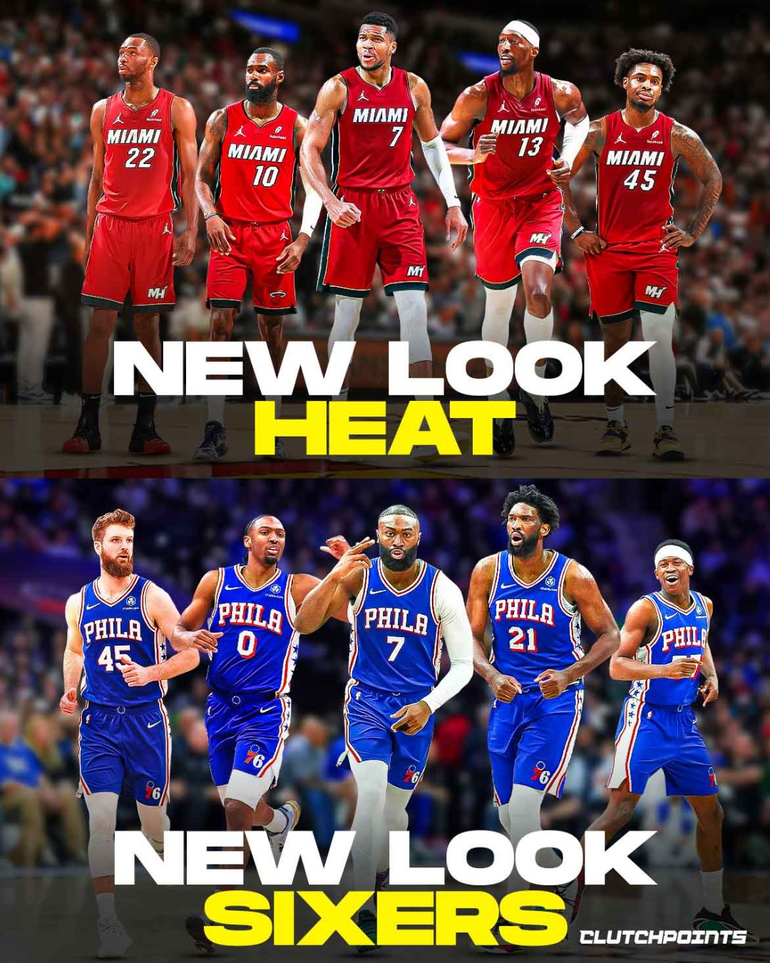 New look Miami Heat

PG: Davion Mitchell
SG: Tim Hardaway Jr.
SF: Andrew Wiggins
PF: Giannis Antetokounmpo
C: Bam Adebayo

vs

New look Philadelphia 76ers

PG: Tyrese Maxey
SG: V.J. Edgecombe
SF: Jaylen Brown
PF: Dean Wade
C: Joel Embiid

Who you got in a 7-game series?