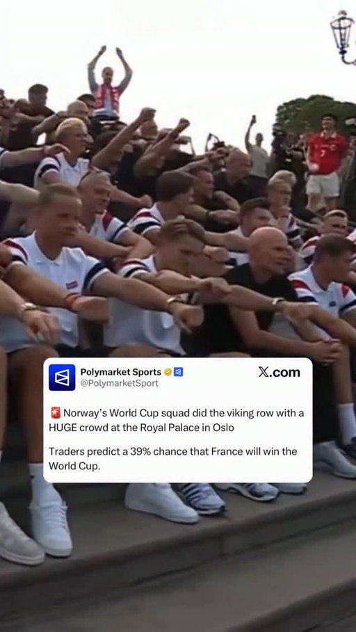 More than 100,000 fans filled the streets of Oslo to welcome Norway’s women’s national team home after their memorable FIFA World Cup run ended in a 2-1 extra-time loss to England in the quarterfinals. 

Despite falling one win short of the semifinals, the team received a heroes’ welcome, arriving to a water cannon salute before meeting King Harald and greeting thousands of supporters outside the Royal Palace, where the World Cup disappointment gave way to a nationwide celebration.

Traders predict a 39% chance France will win the World Cup.