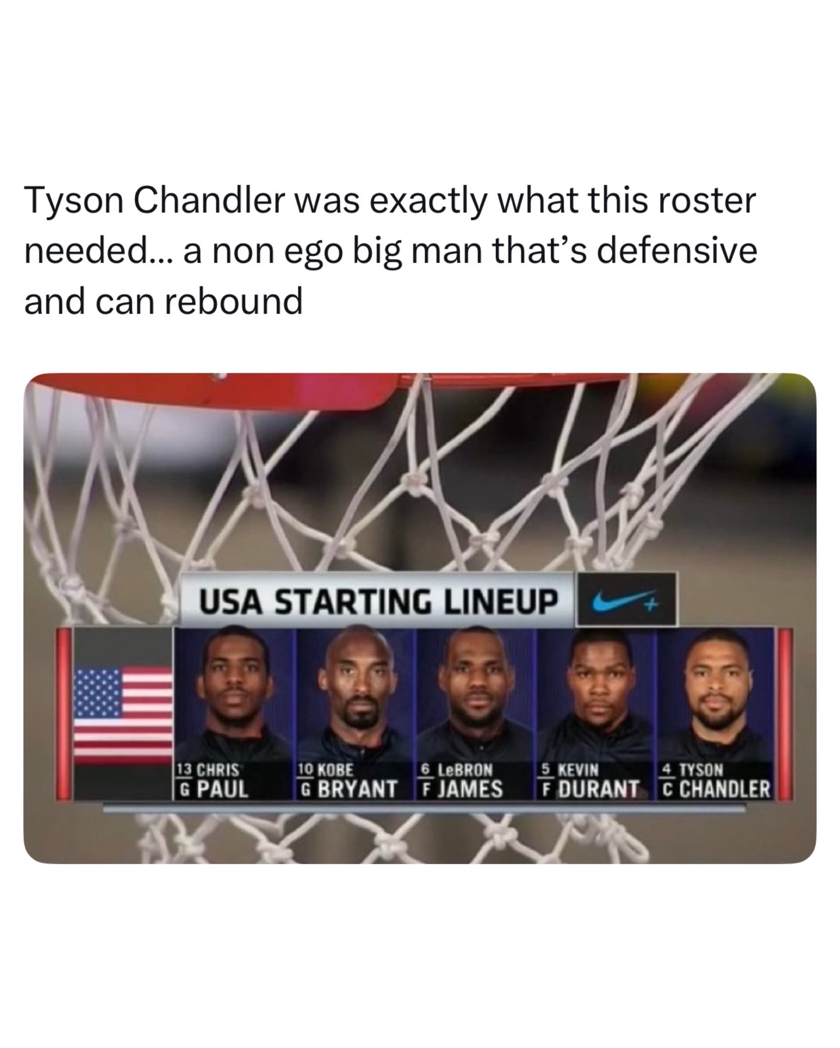 The 2012 USA basketball roster was STACKED 😭

Carmelo Anthony (Forward)
Kobe Bryant (Guard)
Tyson Chandler (Center)
Anthony Davis (Forward/Center)
Kevin Durant (Forward)
James Harden (Guard)
Andre Iguodala (Forward)
LeBron James (Forward)
Kevin Love (Forward)
Chris Paul (Guard)
Russell Westbrook (Guard)
Deron Williams (Guard)