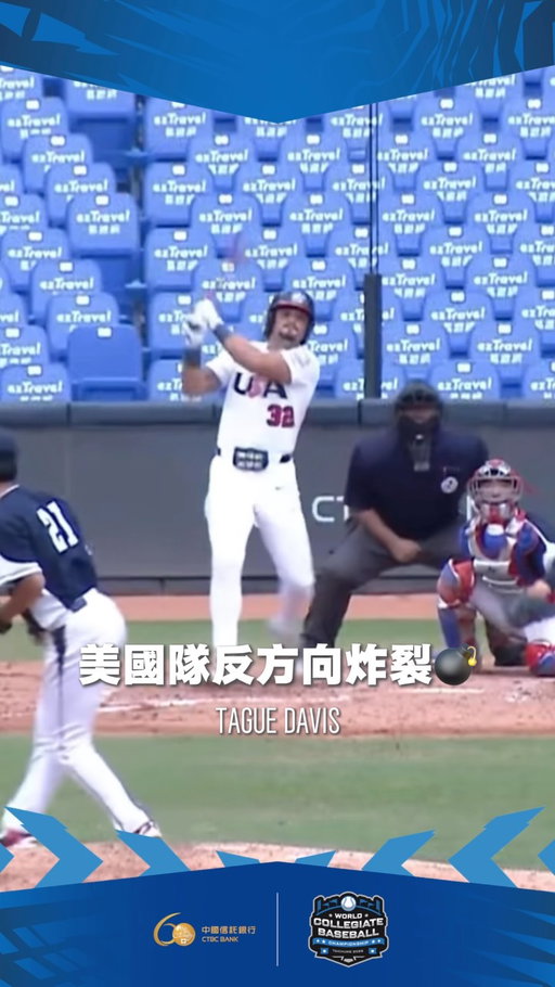 Davis反方向炸裂💣💣💣

美國隊主砲Tague Davis展現身為NCAA全壘打王及打點王power
一棒將球轟至左外野反方向，幫助美國隊取得3:0領先！

𝗪𝗼𝗿𝗹𝗱 𝗖𝗼𝗹𝗹𝗲𝗴𝗶𝗮𝘁𝗲 𝗕𝗮𝘀𝗲𝗯𝗮𝗹𝗹 𝗖𝗵𝗮𝗺𝗽𝗶𝗼𝗻𝘀𝗵𝗶𝗽 🌍

🔸中國信託2026年四國菁英棒球對抗賽 📍臺中
𝟐𝟎𝟐𝟔.𝟎𝟕.𝟏𝟐 - 𝟐𝟎𝟐𝟔.𝟎𝟕.𝟏𝟓 @臺中洲際棒球場

#四國菁英棒球對抗賽