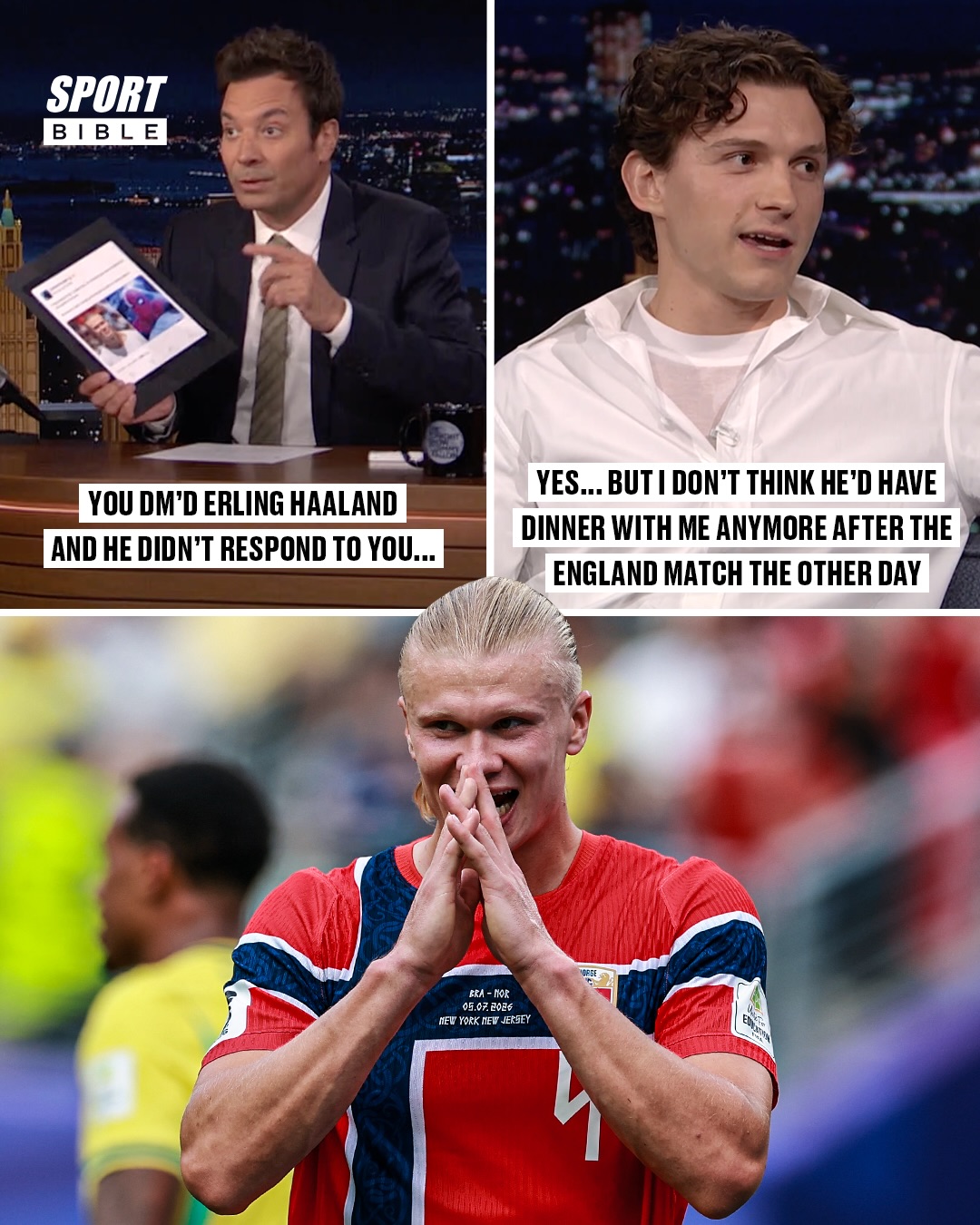 Tom Holland addressed the rumours that Erling Haaland ignored his Instagram message ‘to hang out’ after spotting him at the Monaco Grand Prix 👀😂

The Norwegian thinking Tom was ‘a random person’ is very Haaland coded 😅

🎙️ Via @fallontonight