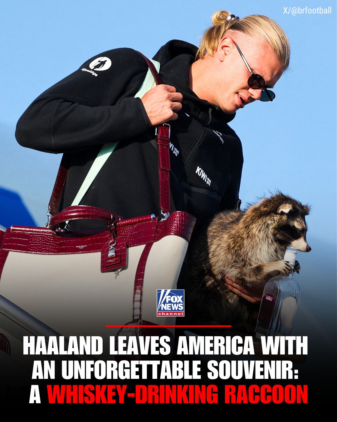 Norway's Erling Haaland is back from the World Cup with a viral souvenir that's almost too American to believe: a stuffed raccoon drinking whiskey.

Fans couldn't help but notice the unusual keepsake as the soccer star returned home.