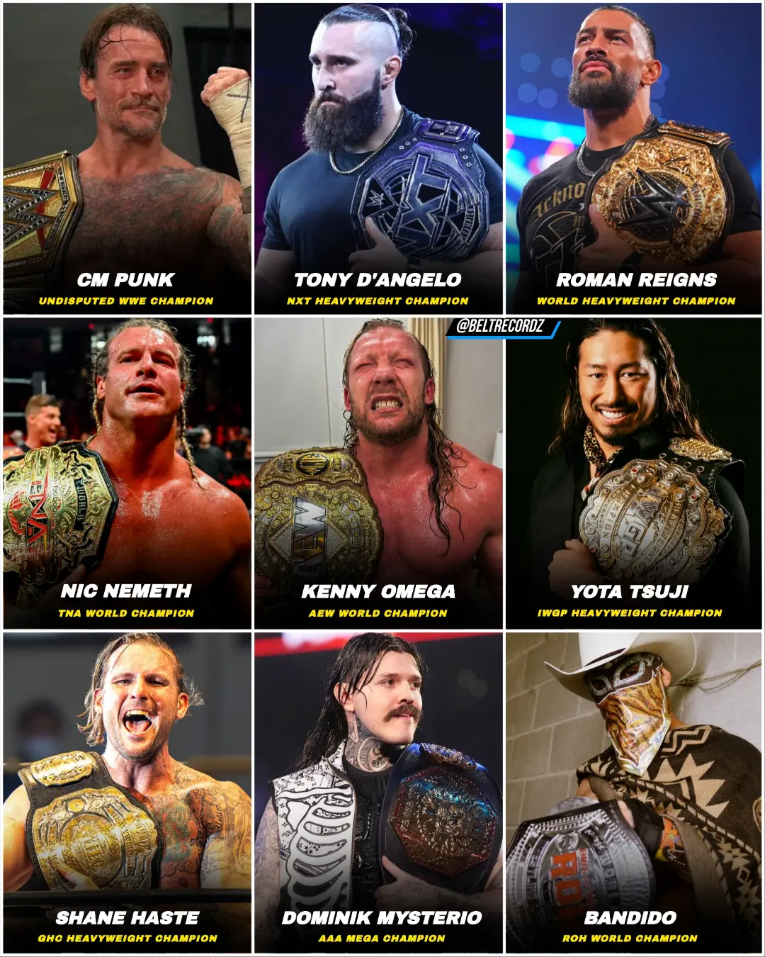Current Top Champions of Pro Wrestling (July 2026)
..

1. CM Punk
2. Tony D'Angelo 
3. Roman Reigns 

4. Nic Nemeth 
5. Kenny Omega 
6. Yota Tsuji 

7. Shane Haste 
8. Dominik Mysterio 
9. Bandido 

#wwe #aew #tna #njpw #worldchampion 

@cmpunk @tonydangelo_wwe @romanreigns @yotatsuji @nicnemeth @kennyomegamanx @bandidowrestler @dominik_35 @shanetmdk 

World Champion edit

Current World Champions of Professional Wrestling 

1. Silas Mason
2. Killer Kross 
3. Kento Miyahara 
4. Atticus Cogar
5. Charles Mason
6. Hechicero 
7. Mance Warner
8. Stu Grayson
9. Michael Oku

@realkillerkross @kento_miyahara