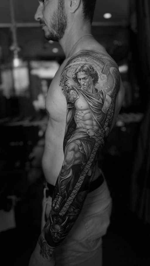 A full sleeve inspired by classical mythology, brought to life through black & grey realism 🖤

Artist: @leandrotattoo
📍 Rock’n’Roll Tattoo – Mallorca
📭 DM to book yours!