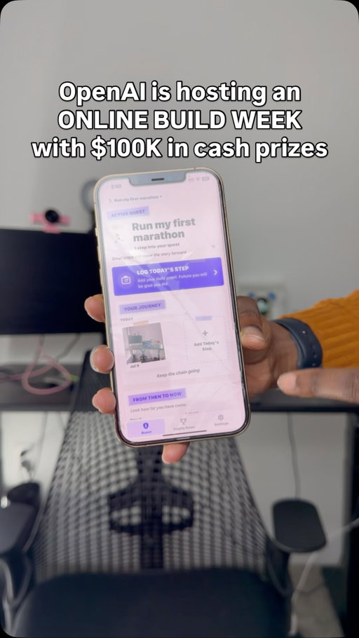 OpenAI Build Week is happening now! 

You basically create a project using Codex with GPT 5.6 whether it’s an app, game, agent, website, etc

It’s online, global, and submissions close July 21, and there’s $100,000 in cash prizes across four project categories.

Comment “CHAT” and I’ll send you the official @openai event link 🔗

#OpenAI #Codex #BuildInPublic #Hackathon #AIBuilder
