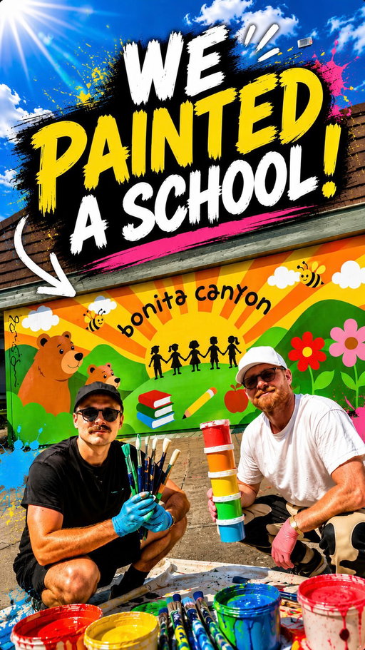 what's your favorite school memory ? ours was arts and crafts 🎨 such a special full circle moment to be invited back to our elementary school Bonita Canyon to paint a mural in celebration of their 50th anniversary ! the school’s principal helped us ask the students for ideas and they made us some awesome drawings. we uploaded them to @chatgpt Images which generated a reference for the mural and also helped us with dimensions and visualizing our design on the large wall. happy 50th BC 🏫🐻🐝