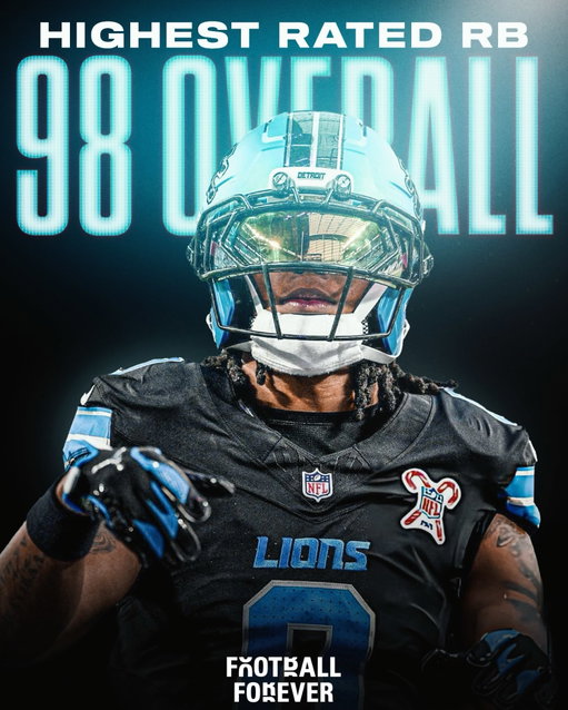 Lions star RB Jahmyr Gibbs is the HIGHEST-RATED running back at launch of Madden 27 with a 98 overall rating ❄️

The next highest-rated RBs: 
🔹 97: Christian McCaffrey
🔹 96: Jonathan Taylor
🔹 95: Bijan Robinson
🔹 94: James Cook
🔹 93: Derrick Henry
🔹 92: Saquon Barkley
🔹 91: Josh Jacobs
🔹 90: Kenneth Walker III

(🎥: NFL on FOX) 

Does Gibbs deserve to be the No. 1 rated RB? 🎮