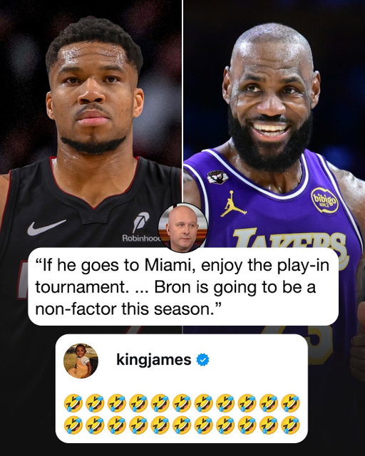 LeBron laughs at the idea that the Heat would be a play-in tournament team with him and Giannis, and that he’ll be a “non-factor” this season 👀 (via @richeisenshow)