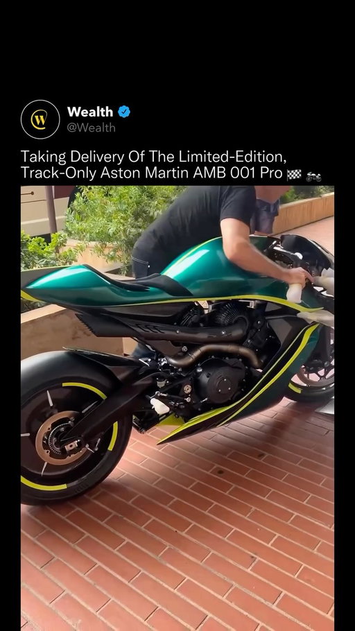 The power-to-weight ratio of this motorcycle puts it in Formula 1 territory. 🏍 ⚡

The Aston Martin AMB 001 Pro exists in a run of exactly 88 units, each hand-built by Brough Superior in Toulouse, France. Its 997cc turbocharged V-twin produces 225 horsepower, and turbocharging alone makes it an outlier, almost no modern production motorcycle uses one.

At 175 kg dry, the weight savings come from carbon fiber everywhere: the bodywork, the 10-spoke front wheel, even the solid disc rear wheel. The aerodynamic package of front spoiler, side wings and rear fin was inspired directly by the Valkyrie AMR Pro, Aston Martin’s track-only hypercar.

It is not homologated for public roads. It was never meant to be.

Eighty-eight machines, sculpted for the circuit and nowhere else.

Love Technology? Follow @Wealth 🌟

Media: @lakyaarkan

#technology #astonmartin #bike #motorcycle #engineering