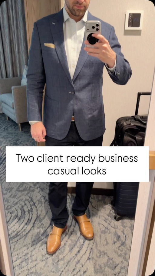 Two simple client ready looks for back to back meeting days. Day one: gray cotton blazer, white shirt and navy slacks. Day two: blue linen blazer, white shirt and dark denim. The monk strap shows work great with both looks. The pocket square is subtle but helps to break up the looks. The white shirt is an easy anchor, been adding more to the wardrobe!