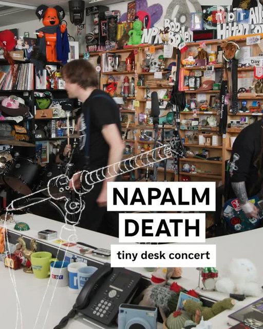 #tinydesk @theofficialnapalmdeath's ongoing campaign for musical destruction comes to the Desk. The founding fathers of grindcore speed through a sprawling catalog with manic energy 🤘⁠
⁠
Watch the full performance at the link in our bio, only on npr.org/tinydesk or @nprmusic's YouTube❗️⁠
⁠
Photo: @moogiem | Maia Stern/NPR