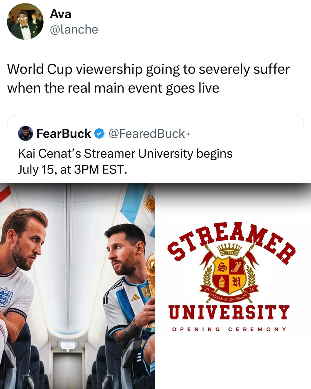 World Cup semi finals or streamer university? Which one are you tuning in for? 👀😂

(H/T lanche/x)