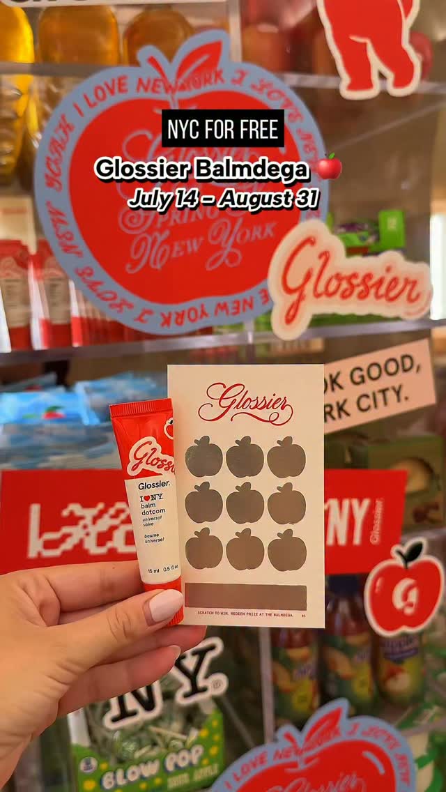 Step inside @Glossier’s Balmdega pop-up, a love letter to New York inside their Soho flagship, with Big Apple energy all summer long 🚕🍎 #GlossierPartner

You’ll receive a free scratch-off card with the chance to win prizes like bodega snacks, lip balms, gift cards and more, and shop the limited edition I Love New York Balm Dotcom and New York City-inspired merch. 

Make sure to stop by opening week: the first 50 people each day through July 19 will get a free jelly bag & apple baby patch, on Saturday and Sunday enjoy free breakfast from Ess-A-Bagel and La Cabra (while supplies last), a DJ, stickers with purchase and more. 

Stay tuned on Glossier’s Instagram for more summer programming, and make sure to check out the Balmdega now through August 31st!

📍72 Spring St

#nycforfree #glossier #balmdega