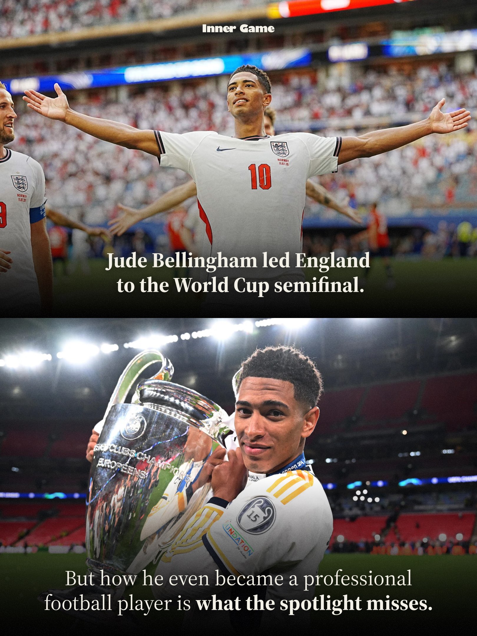 The best thing Jude Bellingham's parents did for his career happened off the pitch. 

They kept him in school while other kids were told football was all that mattered. 

They turned down Real Madrid at seventeen for the club that would actually play him. 

And when he finally moved abroad, his mother left her own life behind to go with him.

That's what it took to bring Jude Bellingham to the top of his game and leading England to the world cup semi-final.

[All credits to @jasonasousa; original creator and huge inspiration. Follow him if you resonated with this content. He does an amazing job helping athletes unlock freedom under pressure.]