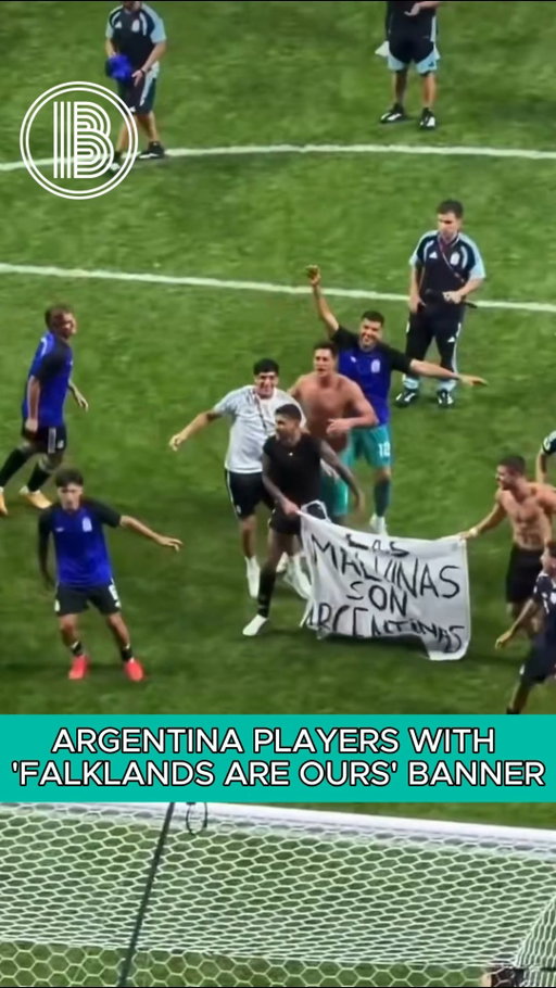 Argentina players with a banner reading 'Las Malvinas son Argentinas' after beating England

Translation- the Malvinas (Falklands) belong to Argentina