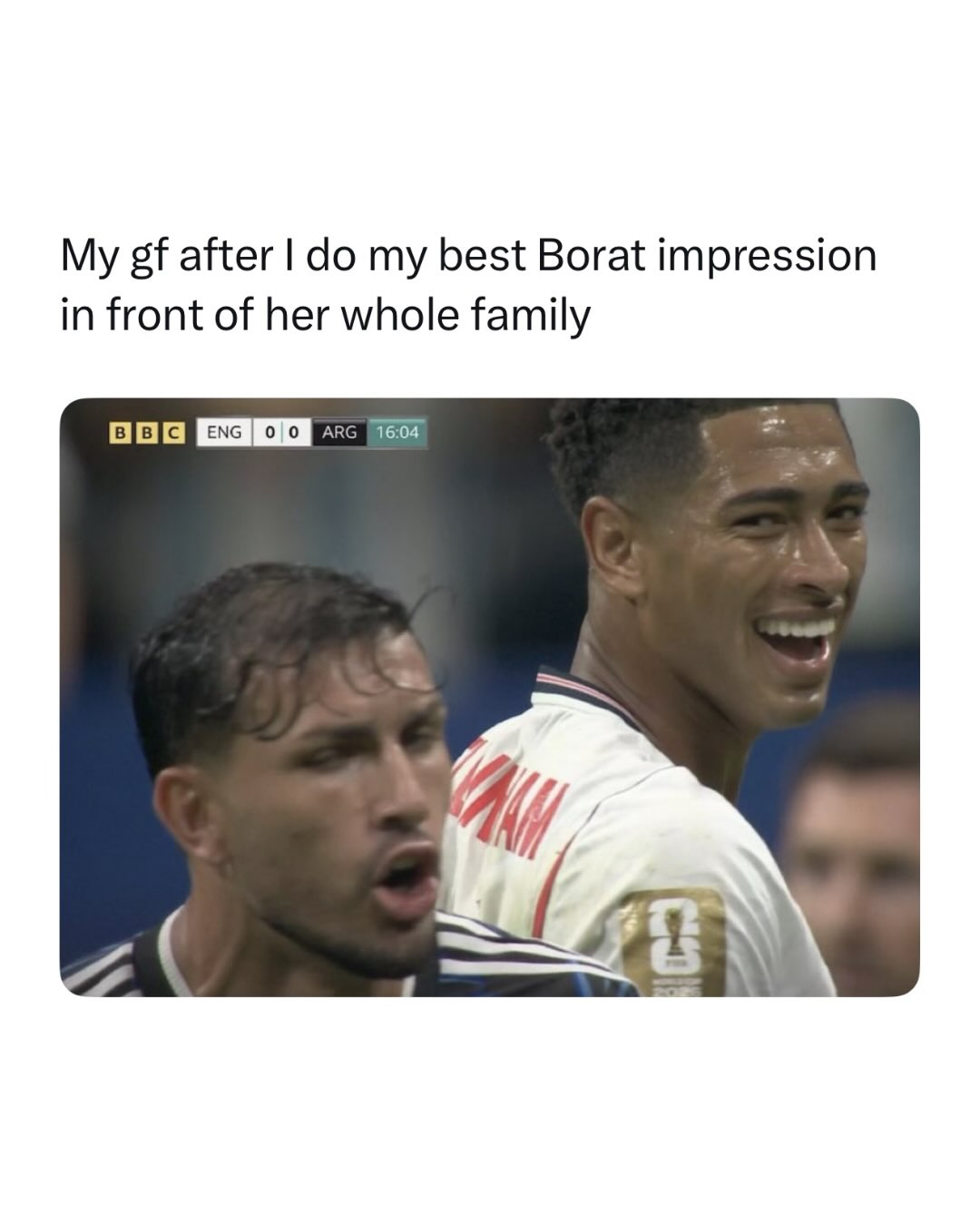 Carried an entire nation on his back for a month and still came up one game short 😭

Jude Bellingham was the engine of England's whole World Cup run, scoring six goals and combining with Harry Kane for 12 of the team's 13, a level of reliance on two players no side had ever really seen. The semifinal was billed as Messi vs Bellingham, the two number 10s, the young king against the old one.

Tonight the crown stayed with Messi as Argentina snatched it late, but the tournament confirmed what everyone already suspected, that Bellingham is the guy England will build around for the next decade. He dragged them to within touching distance of the final almost by himself. The heartbreak is real, but so is the era that's clearly just beginning.