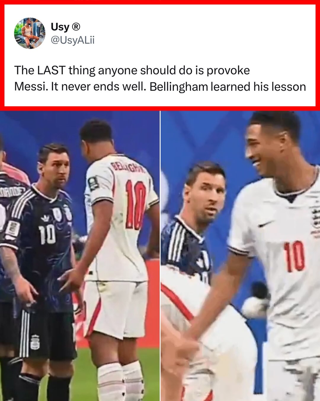 Jude Bellingham provoked Lionel Messi and faced the consequences 😱

(h/t UsyALii/X, d_chenny/X, NealGardner_/X, WavyMatrix/X, sa_crownson/X)
