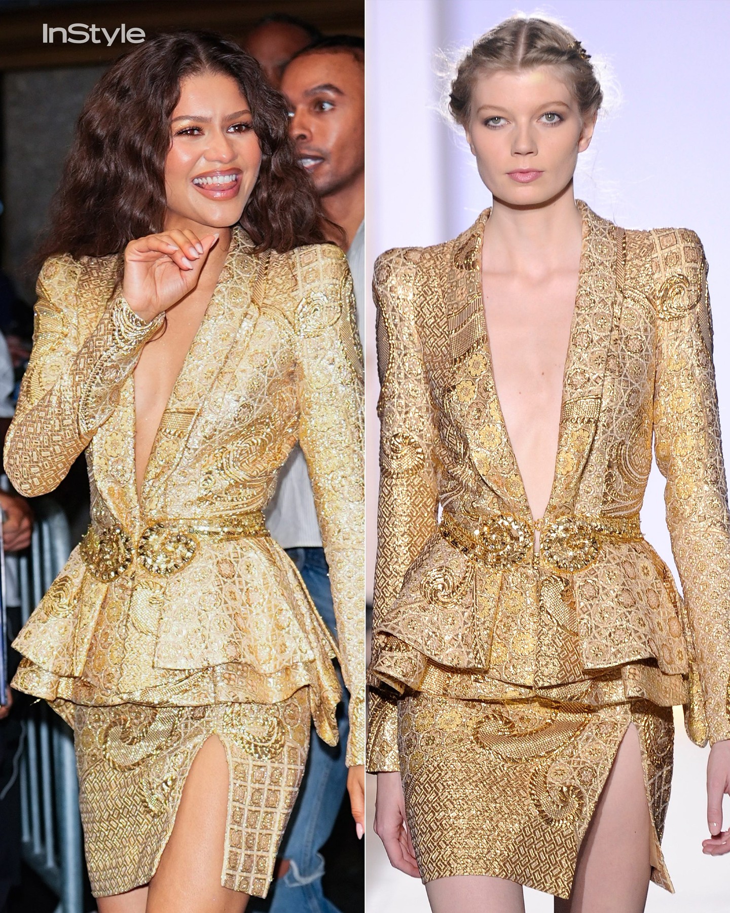 Just when you think #Zendaya and #LawRoach are finished, they bust out yet another stunning look! This time it's a gold skirt-suit set from @zuhairmuradofficial's Spring/Summer 2013 Haute Couture collection.

📷: @gettyimages