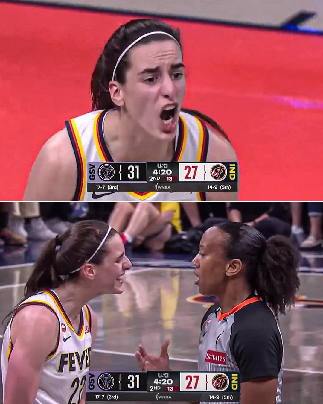 Caitlin Clark appeared to be limping after what she believed should have been called a foul.

After a no-call and visibly upset, Clark was issued a warning by the referee.