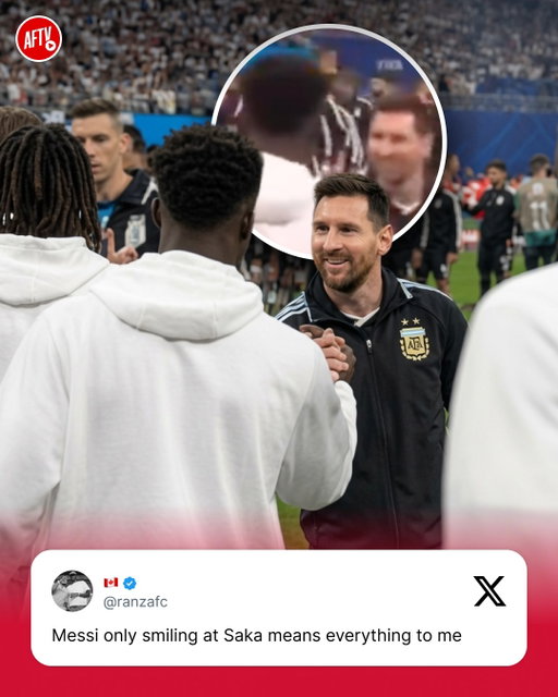 During the pre match handshakes, Lionel Messi was only spotted smiling when he greeted Bukayo Saka. 😊

The 𝐆𝐎𝐀𝐓 recognises a 𝐒𝐏𝐄𝐂𝐈𝐀𝐋 player when he sees one! 👀❤️